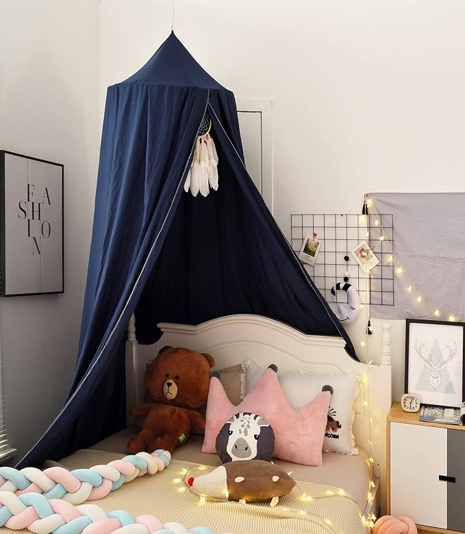 Mengersi Bed Canopy Play Tent for Kids, Round Dome Kids Mosquito Net Indoor Outdoor Castle Hanging House Decoration Reading Nook (Dark Blue)