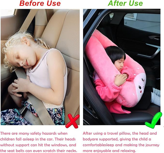 Kids Travel Pillow for Car Seat with Hand Muff, Soft Neck & Headrest Pillow for Car Road Trips Long-Distance Travel Sleeping Pillow for Adults and Children, Pink Unicorn