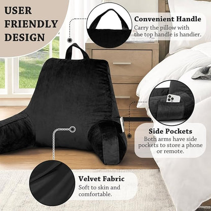 LOVTEX Reading Pillow with Removable Cover, Back Pillow for Sitting Up in Bed with Arms and Pockets, Bed Rest Pillow Adult, 20 x 15 Inches(Black)