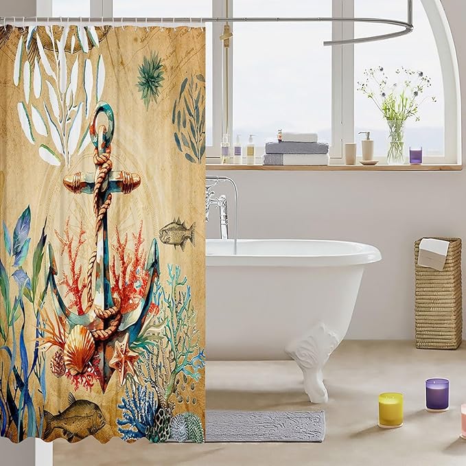 Feelyou Anchor Nautical Shower Curtain Shells and Corals Fabric Shower Curtain for Kids Boys Girls Adventure Themed Bathroom Waterproof Accessories with 12 Hooks Brown Curtains,72X84 Inches