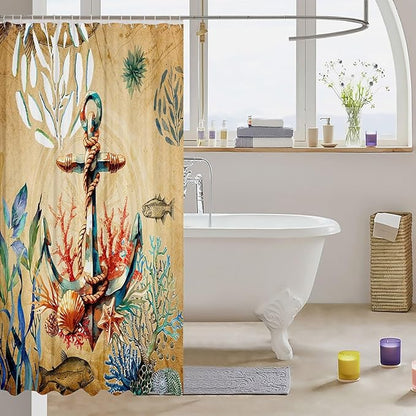 Feelyou Anchor Nautical Shower Curtain Shells and Corals Fabric Shower Curtain for Kids Boys Girls Adventure Themed Bathroom Waterproof Accessories with 12 Hooks Brown Curtains,72X84 Inches
