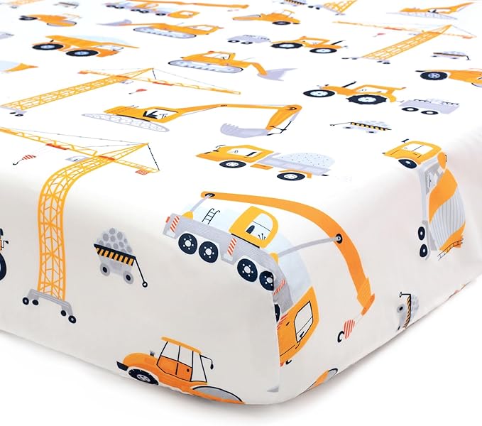 JISEN Baby Crib Sheets Soft Breathable Fitted Crib Sheets Baby Sheet for Standard Crib and Toddler Mattress Baby Bed Sheets for Crib for Baby Boys Girls Neutral 52x28 Inch Construction Trucks