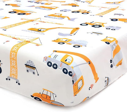 JISEN Baby Crib Sheets Soft Breathable Fitted Crib Sheets Baby Sheet for Standard Crib and Toddler Mattress Baby Bed Sheets for Crib for Baby Boys Girls Neutral 52x28 Inch Construction Trucks