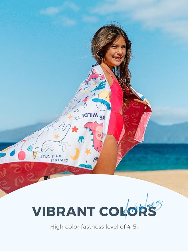 Kids Beach Towel 60''x30'', Quick Dry, Sand Free, Compact, Lightweight, Absorbent, Large Girls & Boys Microfiber Towels for Pool, Swim, Cruise Essentials, Unicorn
