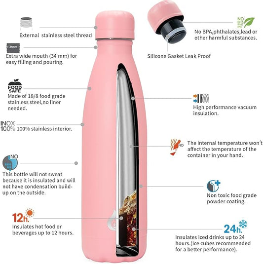 BJPKPK 17oz Stainless Steel Water Bottles Dishwasher Safe Sports Insulated Water Bottle for Travel-Light Pink