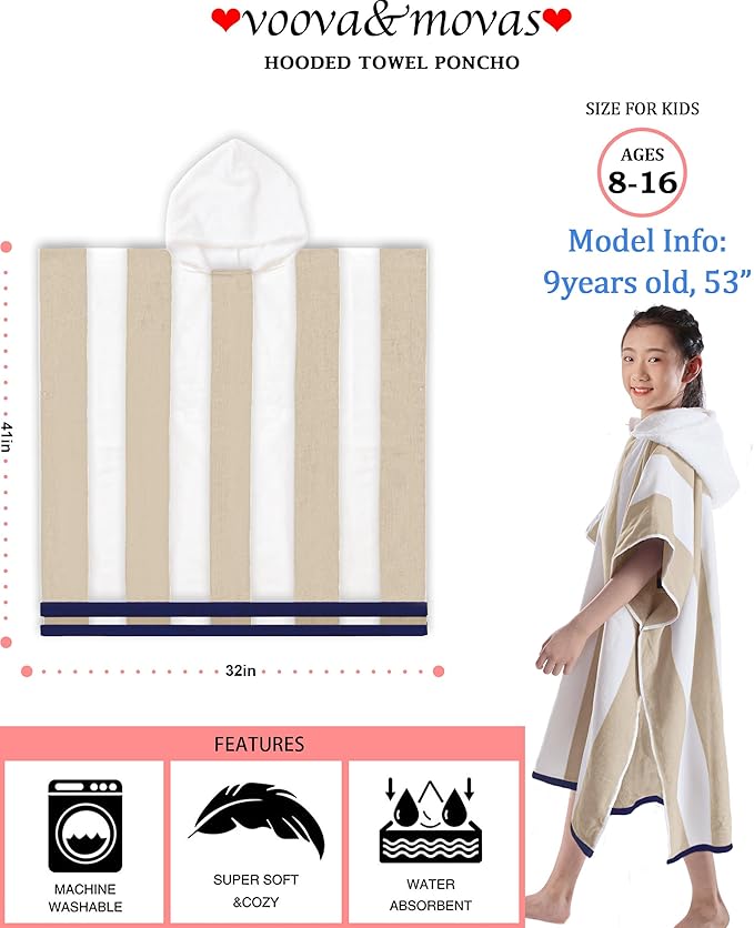 VOOVA & MOVAS Hooded Beach Towels for Boys| Girls | Teens (8-16Years), 100% Cotton Thick Poncho Towel Robe for Kids, Perfect for Pool, Beach, Bath and Gifts, Beige Stripe