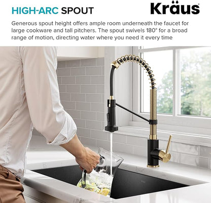 KRAUS Bolden Commercial Style Pull-Down Single Handle 18-Inch Kitchen Faucet in Brushed Brass/Matte Black, KPF-1610BBMB