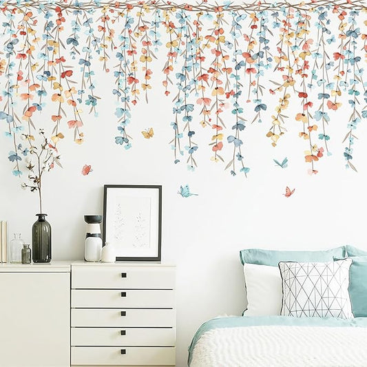 Multicolor Plants Flower Butterfly Wall Decals Garden Flower Vine Wall Corner Stickers Window Clings Bedroom Living Room Kitchen Decor