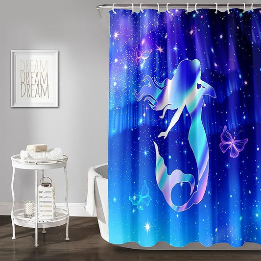AILONEN Mermaid Shower Curtain for Bathroom,Blue Mermaid Star Girls Kids Bath Curtain 36" W*72" H,Beautiful Mermaid Decorative Waterproof Curtain with 12 Plastic Hooks