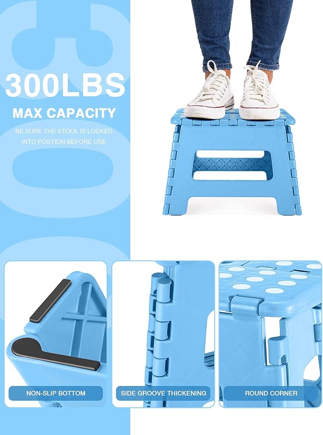 Folding Step Stool 9", Kids Step Stool, Heavy Duty Step Stools for Adults, Compact Foot Stools, Light-Weight Toddler Step Stool for Kitchen, Bathroom, Holds Up to 300 lbs (Blue)