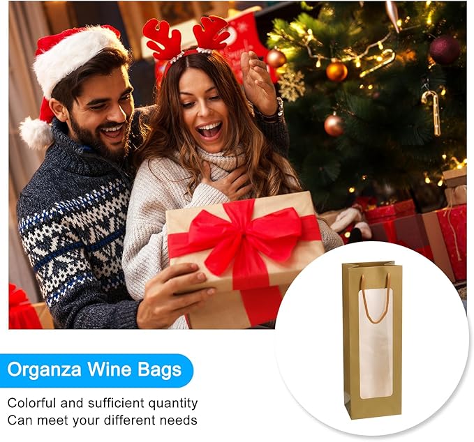 uxcell Wine Bags, 20pcs 4.92"x3.35"x14.2" Wine Gift Bags with Rope Handles, Paper Wine Tote Bag with Clear Window for Wedding Birthday Christmas Party Supplies, Gold