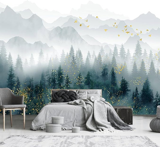 Foggy Pine Tree Forest Wallpaper and Gold Mural for Bedroom (Not Peel and Stick)