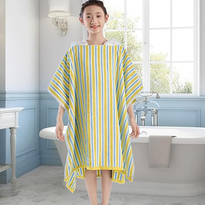 VOOVA & MOVAS Teens Beach Towels with Hood (8-16Years), Large Soft and Absorbent Cotton Hooded Pool Towel Poncho Robe - Versatile for Pool, Swim, and Bath, Blue Yellow Stripe