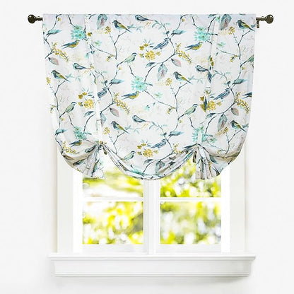 Leeva Tie Up Windows Curtains for Kitchen, Green Vivid Birds Printed Pattern Thermal Insulated Shades Curtain for Small Windows, 42x63 in, One Panel