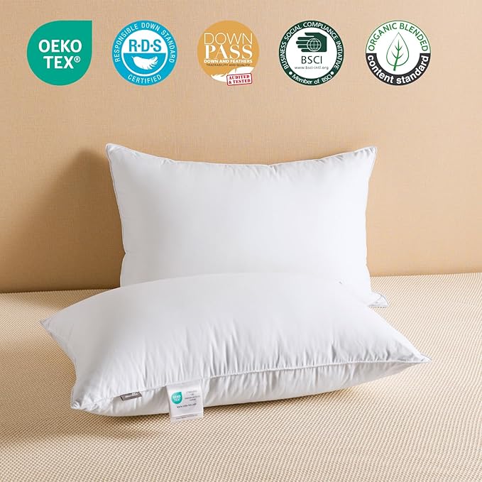 Goose Feather Down Pillows Standard Size Set of 2, Luxury Soft Feather Pillows for Sleeping, Smooth Down-Proof Fabric, Hotel Collection Bed Pillows Surround Fill Polyester (White, 20"x26")