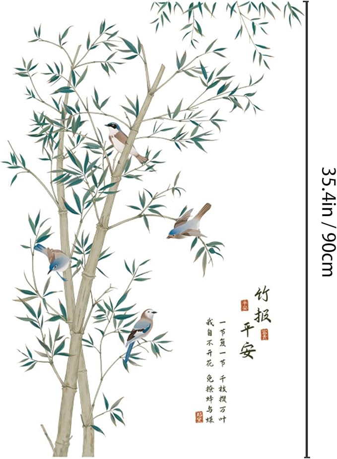 Large Bamboo Wall Stickers, Removable DIY Green Plants Flying Birds Wall Murals Peel and Stick 3D Wall Art Stickers Home Decor for Gilrs Bedroom Nursery Rooms Living Room