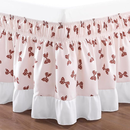 RIMELA Light Pink Elastic Bed Skirt Queen Szie 14 inch Drop, Bedskirt Easy to Put On, Solid Wrap Around Dust Ruffle, Fade Resistant Silky Fabric Machine Washable