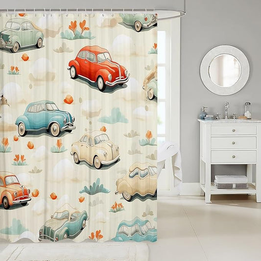 Feelyou Cartoon Car Fabric Shower Curtain for Kids Boys Girls Vintage Retro Car Bathroom Waterproof Accessories with 12 Hooks Colorful Shower Curtain Car Curtains,72x84 Inches