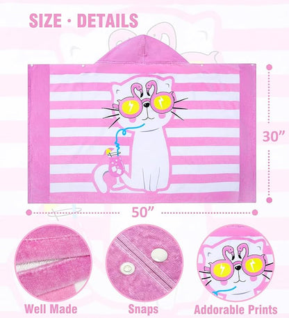 Toddler Bath Towel Hooded - Cotton Kids Beach Towel 30"x50" for Ages 3 to 10, Soft Terry Poncho Towel as Pool Swim Cover Ups for Girls Boys (Cat Pink)