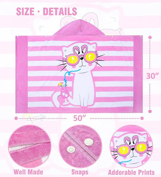 Toddler Bath Towel Hooded - Cotton Kids Beach Towel 30"x50" for Ages 3 to 10, Soft Terry Poncho Towel as Pool Swim Cover Ups for Girls Boys (Cat Pink)