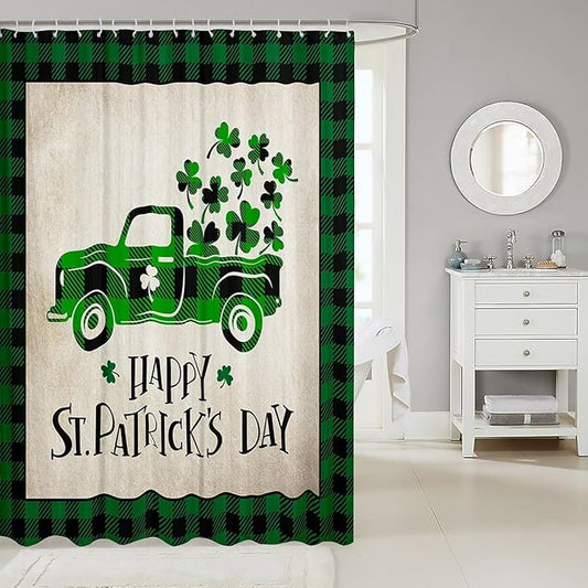 Manfei Happy St. Patrick's Day Kids Shower Curtains,Cartoon Truck Leaf Irish Bathroom Curtains for Girls Boys,Geometric Grids Patchwork Green Retro Waterproof Curtains,12 Hooks Suits,72" W x 84" L