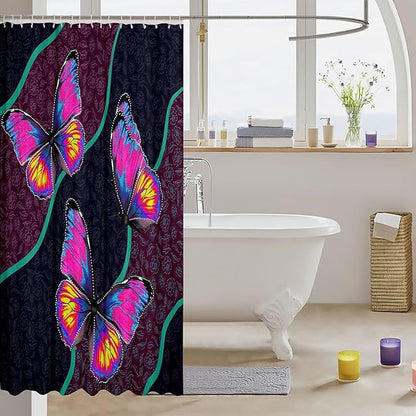 Feelyou Butterfly Shower Curtain 72"x78" Kids Butterflies Botanical Floral Print Bathroom Shower Curtain Set for Boys Girls Teens Geometric Stripes Bath Curtain Colorful Bathroom Accessories