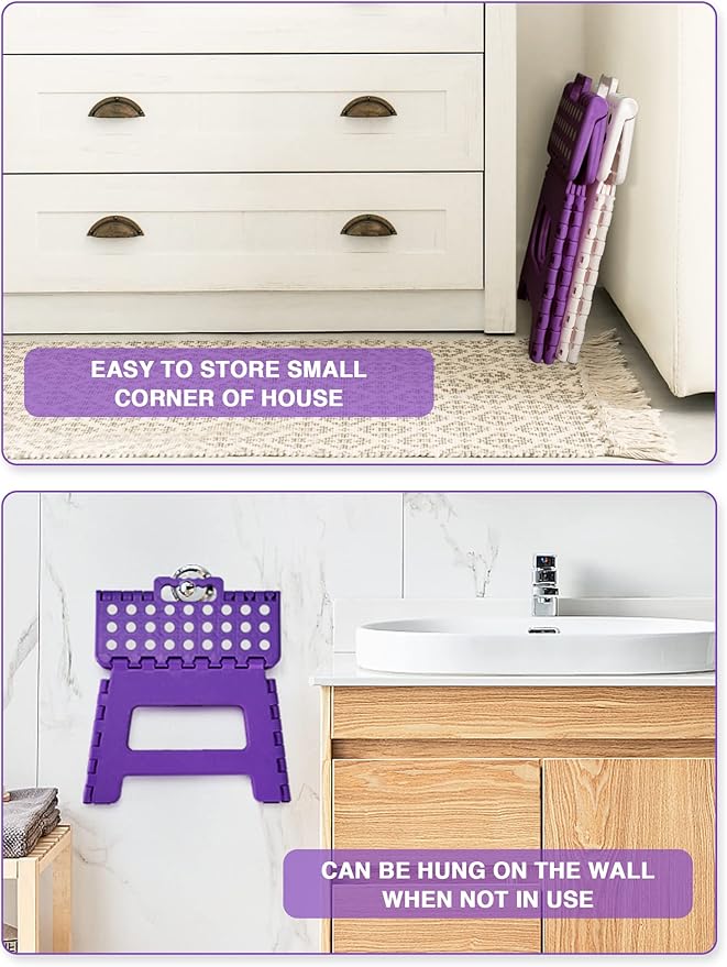 Folding Step Stool 9", Kids Step Stool, Heavy Duty Step Stools for Adults, Compact Foot Stools, Light-Weight Toddler Step Stool for Kitchen, Bathroom, Holds Up to 300 lbs (Purple)