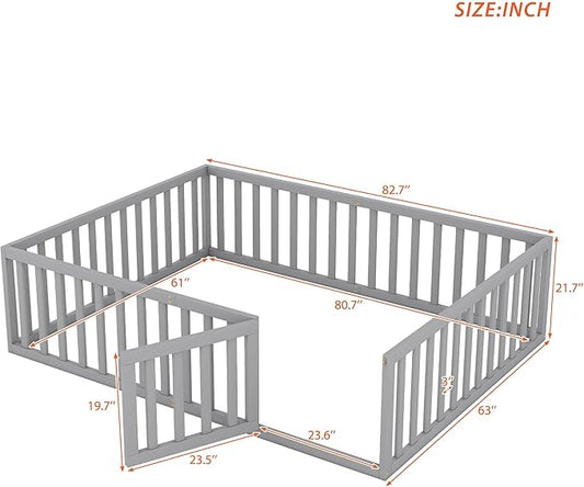 Queen Size Floor Bed with Fence, Solid Wood Floor Bed Frame for Kids with Door, Twin Platform Bed for Boys and Girls Kids Teens, Fun Design, for Children Bedroom