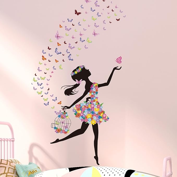 Flower Fairy Wall Decals Peel and Stick Large Princess Wall Decals for Girls Bedroom with Birdcage Pink Butterfly Wall Decor Stickers for Baby Girl Nursery Living Room Classroom (2 Sheets)