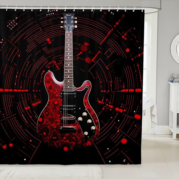 Feelyou Red Guitar Bathroom Waterproof Accessories with 12 Hooks Guitar Instruments Fabric Shower Curtain for Boys Girls Rock Music Shower Curtain Splash-Ink Curtains,72x78 Inches