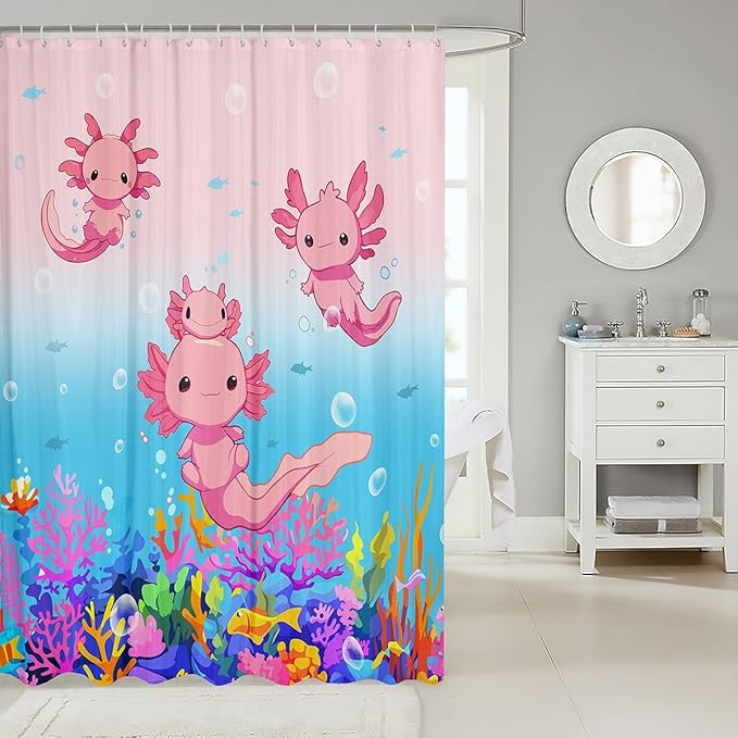 Feelyou Boys Girls Cute Axolotl Bath Curtain Ocean Sealife Shower Curtain Kids Cartoon Salamander Bathroom Shower Curtain Set Kawaii Teens Bathroom Accessories Room Decor 72"x78"