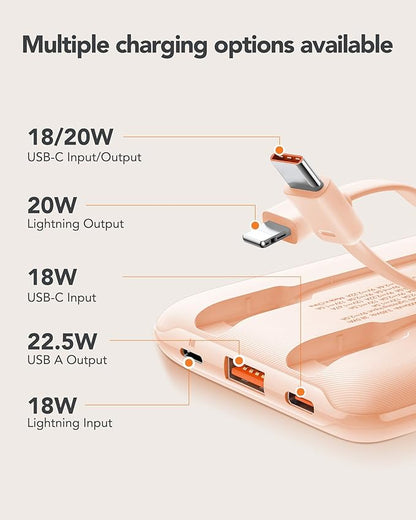 Mini Portable Charger for iPhone - 10000mAh Small PD 22.5W Fast Charging Power Bank with Built-in Cables - Travel Essentials USB C Slim Battery Pack Compatible with iPhone, Android, and More…