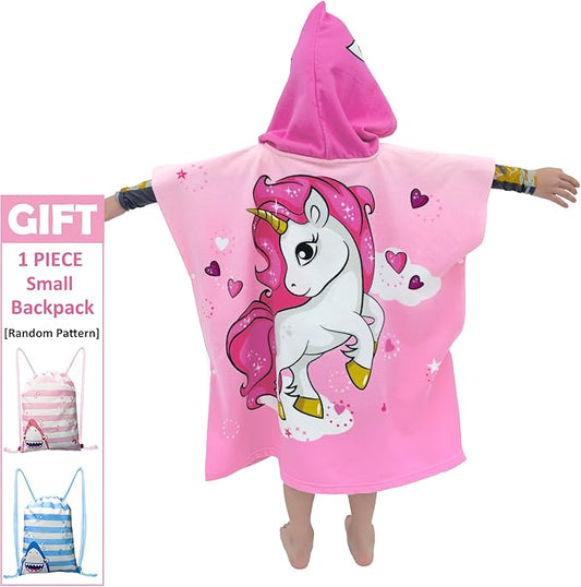 Hooded Kids Beach Towels - Toddler Bath Towel Girls Boys Swim Cover-ups for Ages 4 to 10 Kids Pool Towels Quick Dry Lightweight Soft Microfiber Poncho 30x30 with Bag (Pink Unicorn)