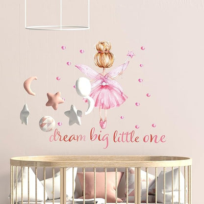 Pink Little Ballerina Decor for Girls Room Dream Big Little One Baby Nursery Wall Decals Peel and Stick Barbie Princess Wall Stickers & Murals for Girls Bedroom Living Room Classroom Playroom