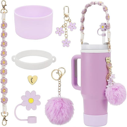 7PCS Water Bottle Cup Accessories Set for Stanley Cup 40oz & 30oz Tumbler, Including Water Bottle Handle Strap, Silicone Cup Boot, Silicone Straw Cover, Keychain Charm (Purple)