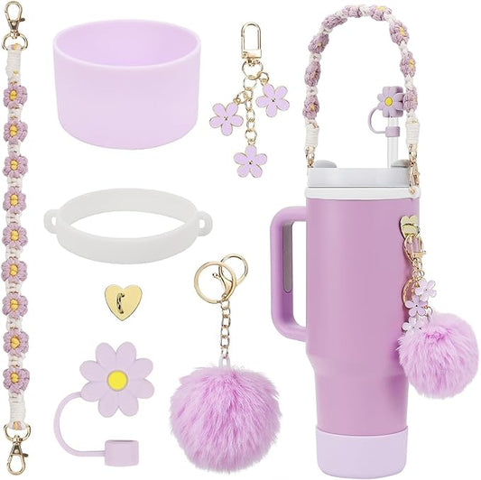 7PCS Water Bottle Cup Accessories Set for Stanley Cup 40oz & 30oz Tumbler, Including Water Bottle Handle Strap, Silicone Cup Boot, Silicone Straw Cover, Keychain Charm (Purple)