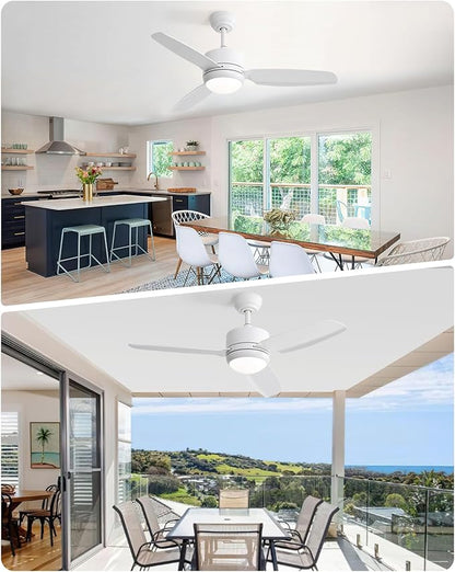 CACI Mall White 46 inch Ceiling Fans with Lights and Remote, Fush Mount low Profile Ceiling Fan, Modern,3 Blade,6 Speed DC Motor,Quiet,Small Ceiling Fan for Bedroom Indoor/Outdoor Use