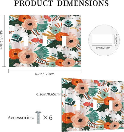 Rustic Floral Boho Colorful Flower 3 Gang Light Switch Covers Triple Toggle Wall Plate Decorative Switchplate Electrical Faceplate for Farmhouse Bathroom Bedroom Kitchen Decor