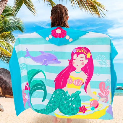 VOOVA & MOVAS Toddler Bath Towels Age 3-10,100% Cotton | Soft | Thick, Hooded Towel for Kids Girls, Perfect for Beach, Pool, Bath,Swim, Stripe Mermaid