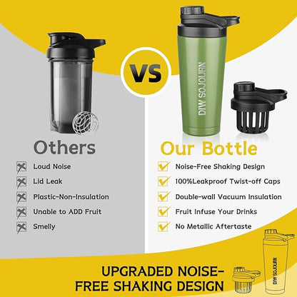 24 oz Shaker Bottle,Stainless Steel Shaker Bottle with Noise-Free Design,Insulated Metal Shakers Bottles Cup for Protein Mixes and Pre Workout,Gym Shaker Bottle(Green)