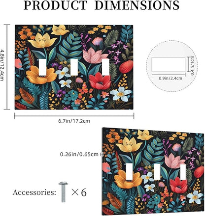 Boho Floral Vintage Flower Leaves Rustic Wildflower Plants 3 Gang Light Switch Covers Triple Toggle Wall Plate Decorative Switchplate Electrical Faceplate for Country Bathroom Bedroom Kitchen Decor