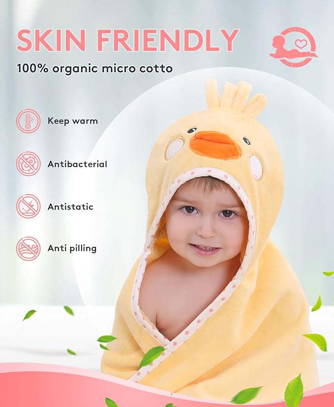 Hooded Towel for Kids 100% Cotton Ultra Soft with Unique Animal Design Large for Infants 3-10 Years (Chick)