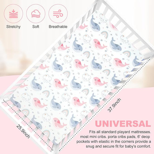 Pack n Play Fitted Sheet .2 Piece Mini Crib Sheet. Stretch Playard Sheet Portable Sheet Set. Elastic Convertible Playard Pad. Compatible with Graco Pack n Play (Rainbow Whale & Elephant)