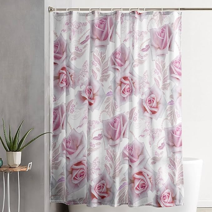 AILONEN Girls Rose Shower Curtain 36" W*72" H, Pink Rose Shower Curtain with Hooks,Waterproof Floral Shower Curtain for Bathroom,Romantic Flower Pink Shower Curtain