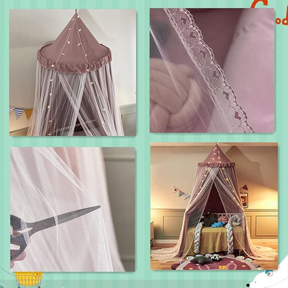 VETHIN Bed Canopy for Kids with Lights,Double Layer Princess Round Dome Children Dreamy Mosquito Net Bedding Girls Room Castle Play Tent Hanging House Decor Reading Nook Canopies(Jujube Red/White)