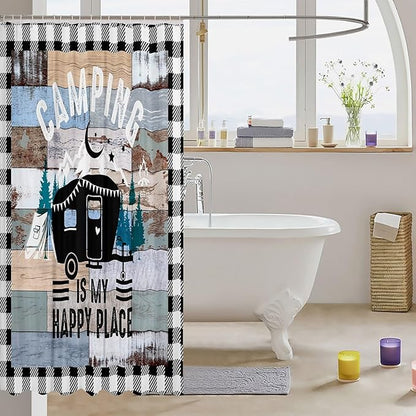 Feelyou Happy Camping Shower Curtain Camper Fabric Shower Curtain for Kids Boys Girls Rustic Farmhouse Style Bathroom Waterproof Accessories with 12 Hooks Vintage Barn Door Curtains,72X72 Inches