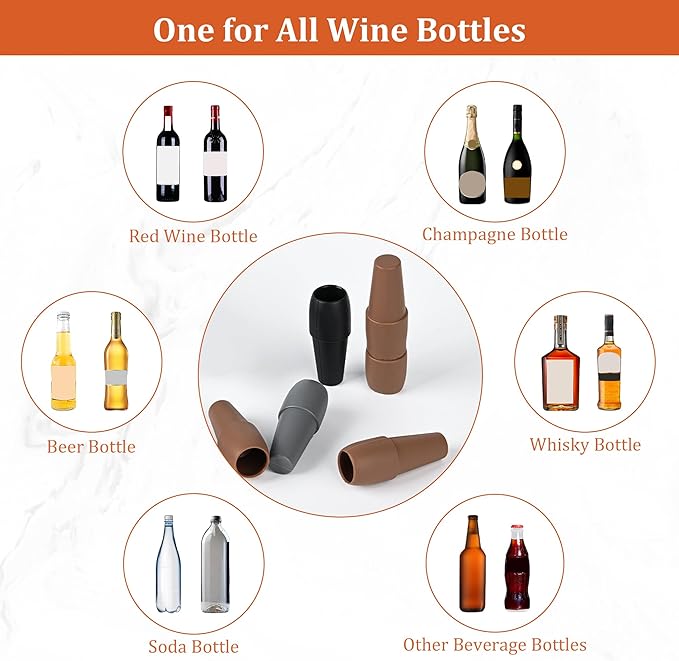 6 Pcs YiRayon Wine Bottle Stoppers, Reusable Silicone Wine Seal Stopper Unbreakable Wine Corks Beverages Beer Champagne Red Wine Bottle Covers to Keep Wine Fresh