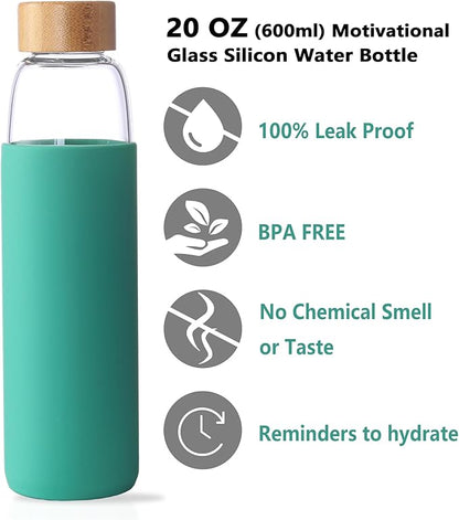 Laster Glass Water Bottle 20 Oz, 600 ml, made of Borosilicate Glass, 1 Bamboo & 1 Stainless Steel Lid, BPA Free, Non-Slip Silicone Sleeve (Leafy Green)