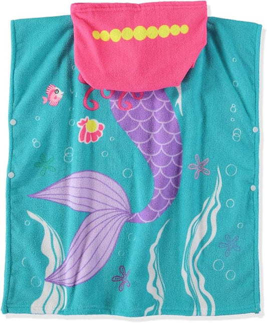 Boys and Girls Absorbent Hooded Beach Towel Pullover Character Microfiber Bath Towel with Side Snaps (Mermaid, 4-5)