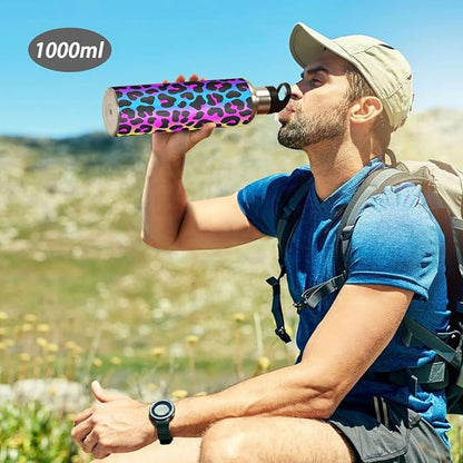 senya 34 Oz Water Bottle with Straw Leopard Print Cheetah Neon Gradient Stainless Steel Water Bottle for Traveling Sports Leakproof Insulated Water Bottle